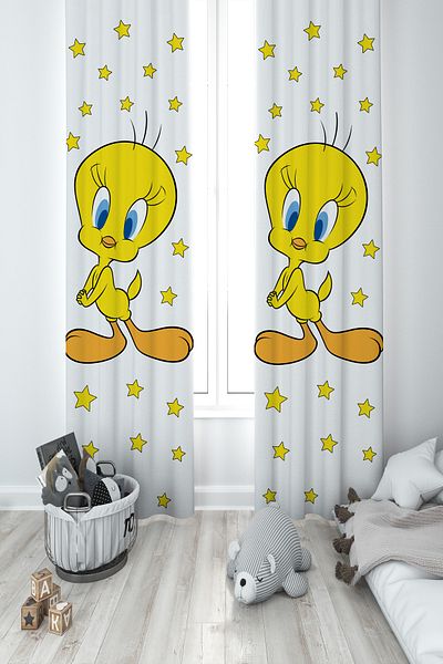 MASAL ODAM BABY AND KIDS ROOM Hopscotch Yellow Star Patterned 2 Wings Background Curtain