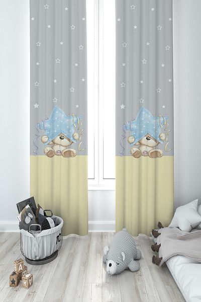MASAL ODAM BABY AND KIDS ROOM Star and Teddy Bear Patterned Yellow Striped 2 Wing Background Curtain