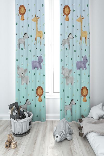 MASAL ODAM BABY AND KIDS ROOM Safari Patterned Blue 2 Wing Background Curtain