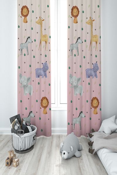 MASAL ODAM BABY AND KIDS ROOM Safari Patterned Pink 2 Wing Background Curtain