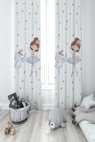 MASAL ODAM BABY AND KIDS ROOM Ballerina Girl and Swan Patterned 2 Wing Background Curtain
