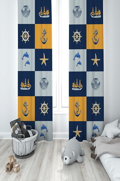 MASAL ODAM BABY AND KIDS ROOM 2 Wing Background Curtain with Rudder and Starfish Pattern