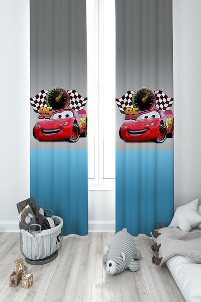 MASAL ODAM BABY AND KIDS ROOM Gray Blue McQueen Patterned 2 Wing Background Curtain