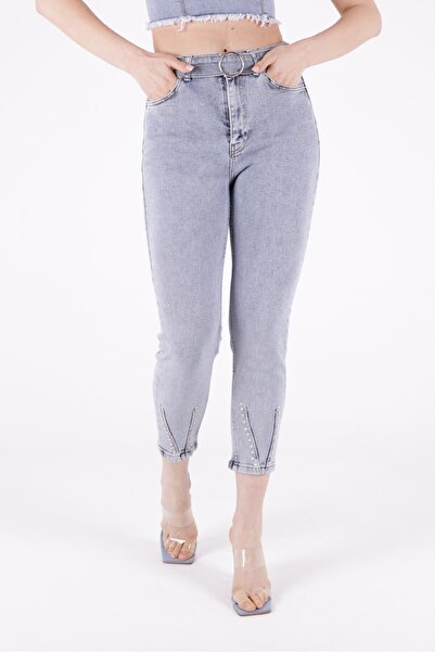 Paçaları Dekoratif Damla Taşlı Yüksek Belli Cepli Bilek Boylu Kadın Kot Pantolon Kar AçıkMavi Denim