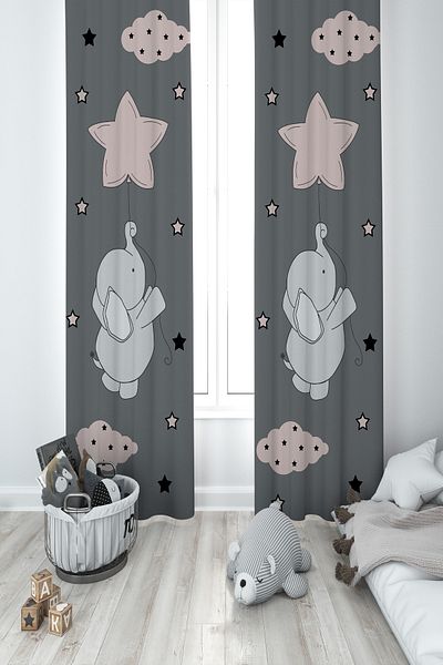 MASAL ODAM BABY AND KIDS ROOM Hopscotch Flying Elephant Patterned 2 Wings Background Curtain