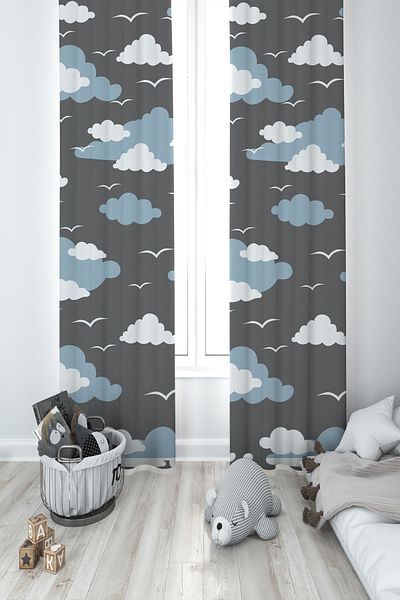 MASAL ODAM BABY AND KIDS ROOM Cloud and Seagull Patterned 2 Wings Background Curtain
