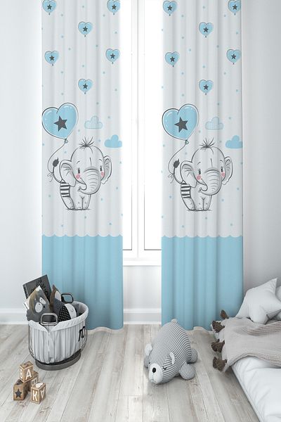 MASAL ODAM BABY AND KIDS ROOM Elephant Heart Balloon Patterned 2 Wings Background Curtain