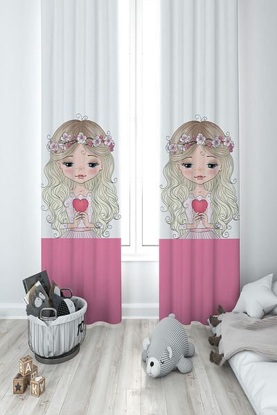 MASAL ODAM BABY AND KIDS ROOM Heart Holding Princess Girl Patterned 2 Wings Background Curtain