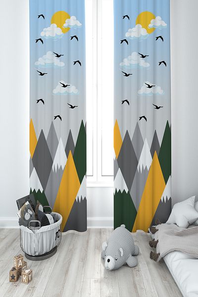 MASAL ODAM BABY AND KIDS ROOM Colorful Mountain Patterned 2 Wing Background Curtain