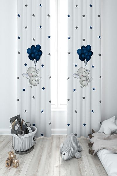 MASAL ODAM BABY AND KIDS ROOM Blue Balloon Patterned 2 Wing Background Curtain with Elephant