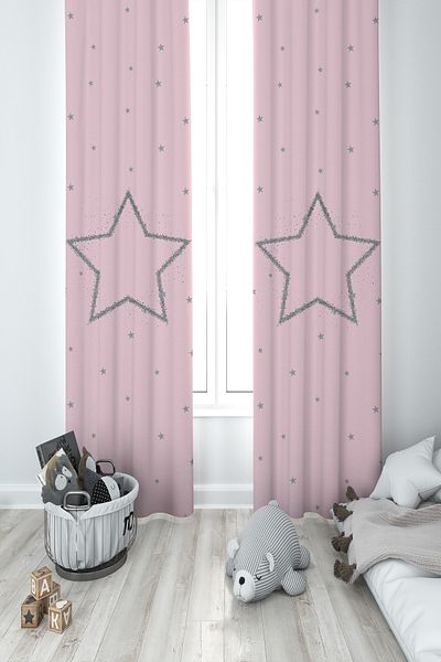MASAL ODAM BABY AND KIDS ROOM Large Gray Star Patterned Pink 2 Wing Background Curtain