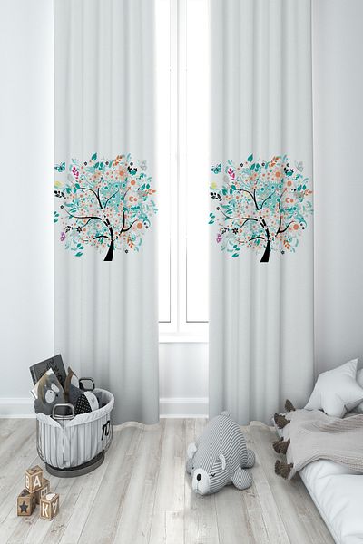 MASAL ODAM BABY AND KIDS ROOM Butterfly Tree Patterned 2 Wing Background Curtain