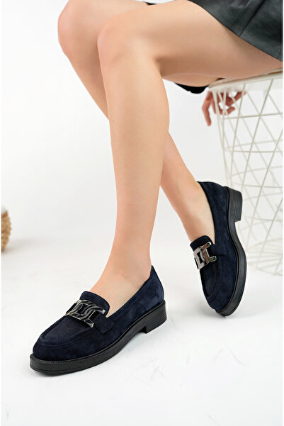 GNS Shoes Hakiki Deri Lacivert Süet Tokalı Kadın Ayakkabısı Loafer