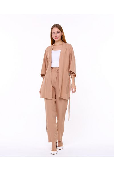1Moda1Tarz Women's Camel Aerobin Fabric Top Belted Cardigan Bottom Elastic Pocket Buttoned Trousers Bottom Top Set Kimono