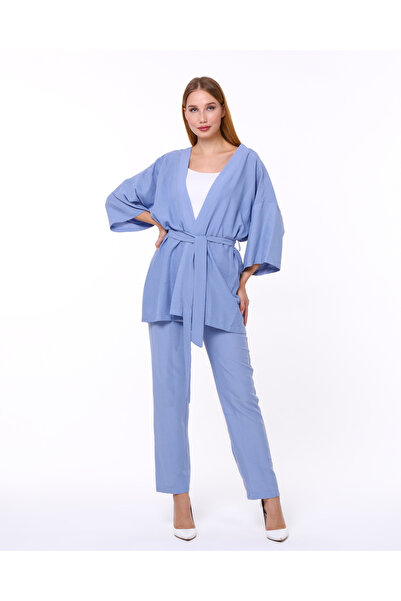 1Moda1Tarz Bluză Aerobin din țesătură pentru femei, cardigan cu curea în partea de jos, cu buzunar elastic, pantaloni cu nasturi, set de partea de jos, kimono