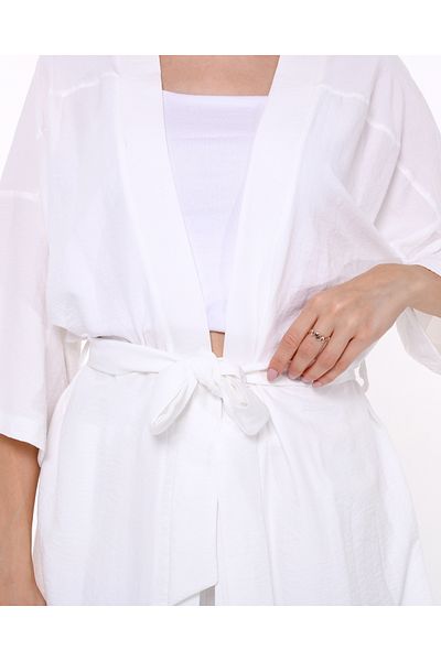 1Moda1Tarz Women's White Aerobin Fabric Top Belted Cardigan Bottom Elastic Pocket Buttoned Trousers Bottom Top Set Kimono