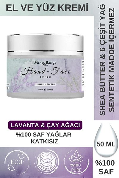 Minia Bahçe Bitki ve Sanat Atölyesi Hand and Face Cream - 100% Pure, Additive-Free Lavender, Tea Tree Oil, 50ml