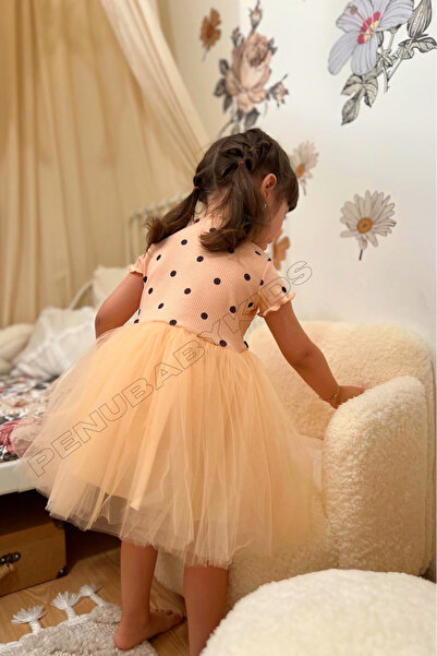 penu baby kids Somon Puantiyeli Tütülü Kısa Kol Kız Bebek Elbise - Emily