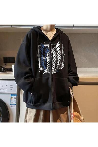Toum Attack On Titan New Logo Printed Oversize Zippered Black Unisex Hooded C...
