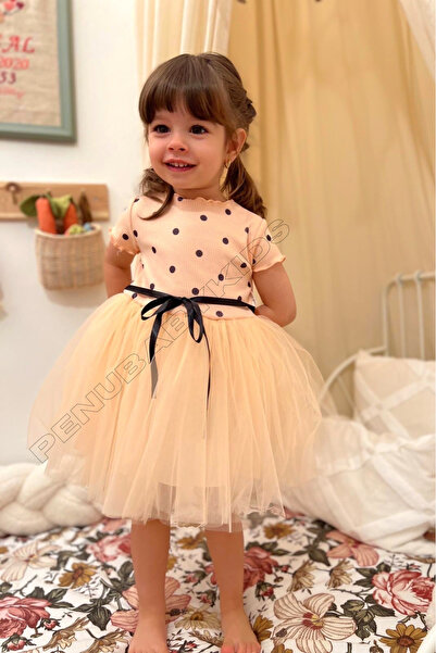 penu baby kids Somon Puantiyeli Tütülü Kısa Kol Kız Bebek Elbise - Emily