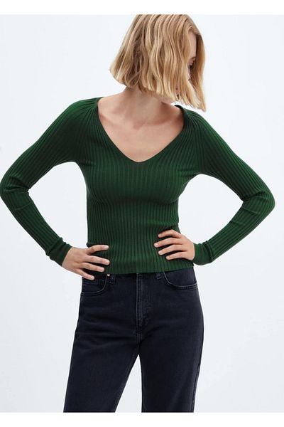 MANGO Woman Pulover din tricot din cauciuc cu decolteu în V