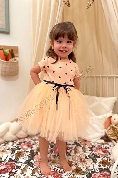 penu baby kids Somon Puantiyeli Tütülü Kısa Kol Kız Bebek Elbise - Emily