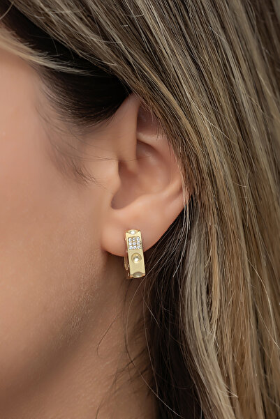 Nereze 925 Ayar Gümüş Gold Kaplama Kare Tasarım Zirkon Taşlı Küpe