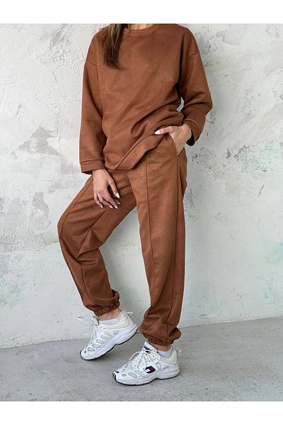 S&A Collectionn Unisex Very Loose Oversize Loose Cut Suede Sweat Pants Double Set Brown