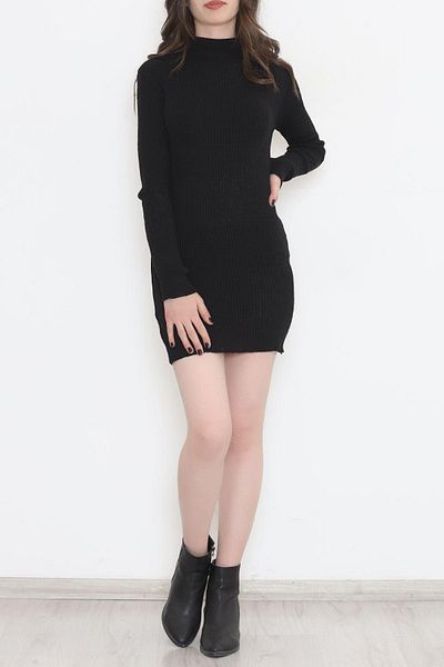 MaxiMor Rochie de damă cu jumătate de guler Culoare neagră cu mânecă lungă Tricoturi Standard SML Lungime asortată 80 cm