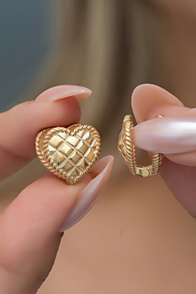 Nereze 925 Ayar Gümüş Gold Kaplama Çift Taraflı Kalp Küpe