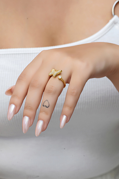 Nereze 925 Ayar Gümüş Ayarlanabilir Gold Kelebek Yüzük