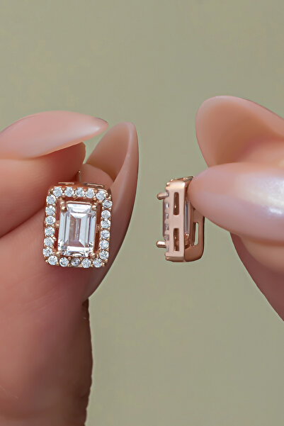 Nereze 925 Ayar Gümüş Rose Kaplama Baget Taşlı Tektaş Küpe