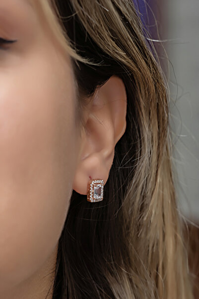 Nereze 925 Ayar Gümüş Rose Kaplama Baget Taşlı Tektaş Küpe