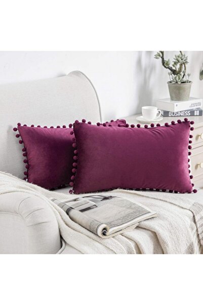 Bc Home 2'li Vişne / Mürdüm Minik Ponponlu Dikdörtgen Kırlent Kılıfı ,Yumuşak...