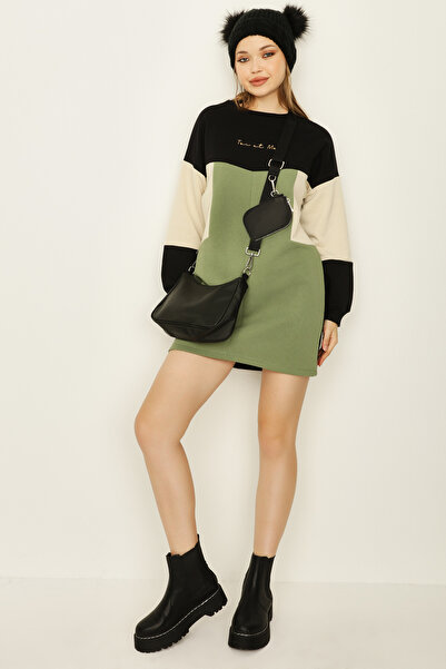 Select Moda Women's Black Color Blocked Raised Sweat Dress