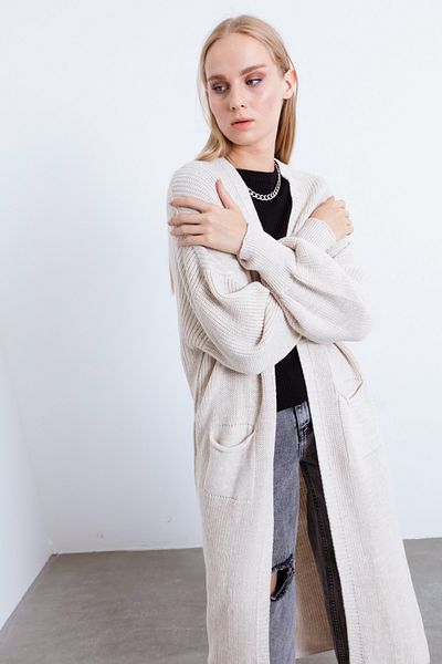 Lafaba Women's Beige Balloon Sleeve Long Cardigan