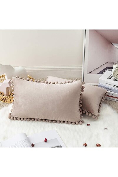 Bc Home 2'li Bej Minik Ponponlu Dikdörtgen Kırlent Kılıfı ,Yumuşak dokulu ,2 ...