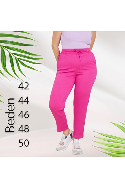 Gülfirik Tasarım Fuchsia Color Self-Textured Lycra Cotton Fabric Sports Large Size Women's Trousers