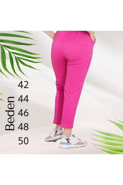 Gülfirik Tasarım Fuchsia Color Self-Textured Lycra Cotton Fabric Sports Large Size Women's Trousers