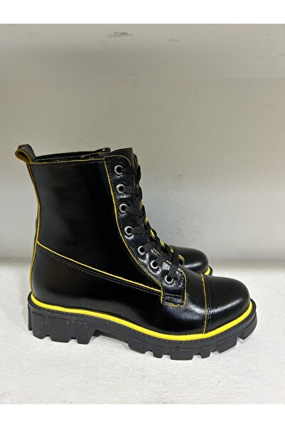 Bağcı Children's Genuine Leather Boots Yellow Cut Black Patent Leather