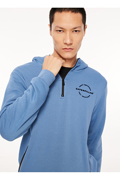 Caterpillar Mavi Erkek Kapüşonlu Baskılı Sweatshirt C3WM-SWT36