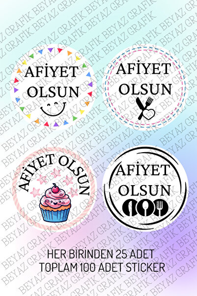 Beyaz Grafik 100 Adet Afiyet Olsun Paketleme Sticker Etiketi (3X3 CM)
