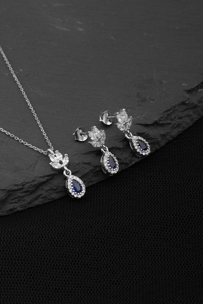 byess 925 Ayar Gümüş Safir Taşlı Lotus Motifli Damla Set
