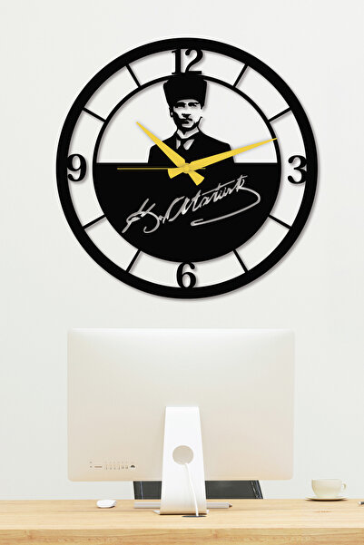 Gowpenart Atatürk Portreli Imzalı Siyah Metal Duvar Saati - Ev & Ofis Saati -...