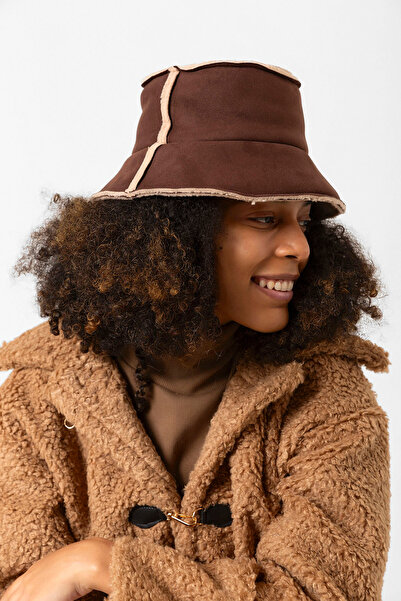 MARBERRY قبعة نسائية - جلد سويدي بني و تيدي قطيفة، موديل الدلو