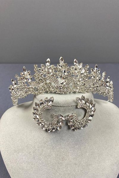 Hobigram Set de coroană de mireasă și cercei rotunzi de culoare argintie Selur Leaf Model – Coroană, piatră de cristal, model elegant –