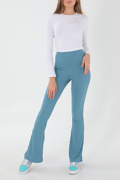 ESPİNA Leggings tricotați elastici cu nervuri, picior evazat, talie înaltă, albastru petrol