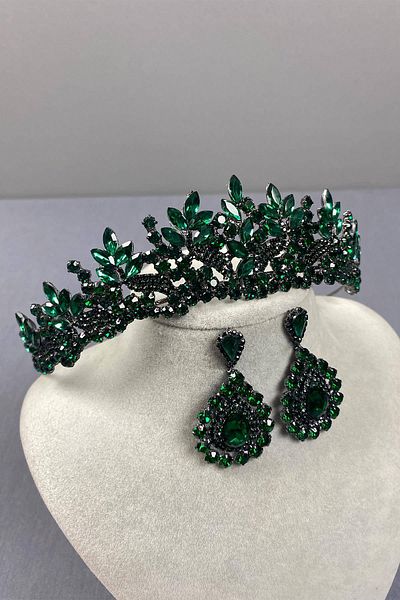 Hobigram Green Selur Leaf Model Bridal Crown and Drop Stone Earring Set – Crown, Crystal Stone, Stylish Model – Ta