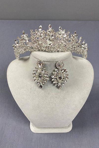 Hobigram Set de coroană de mireasă și cercei subțiri de culoare argintie Selur Leaf Model – Coroană, piatră de cristal – Coroană –