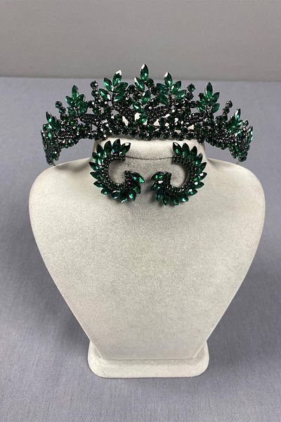 Hobigram Green Selur Leaf Model Bridal Tiara and Round Earring Set – Crown, Crystal Stone, Stylish Model – Crown –